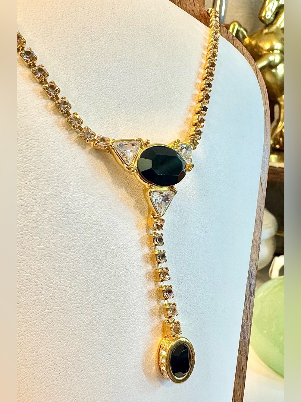 Vintage Monet Triple Gold-Plated Black Onyx Lariat Necklace